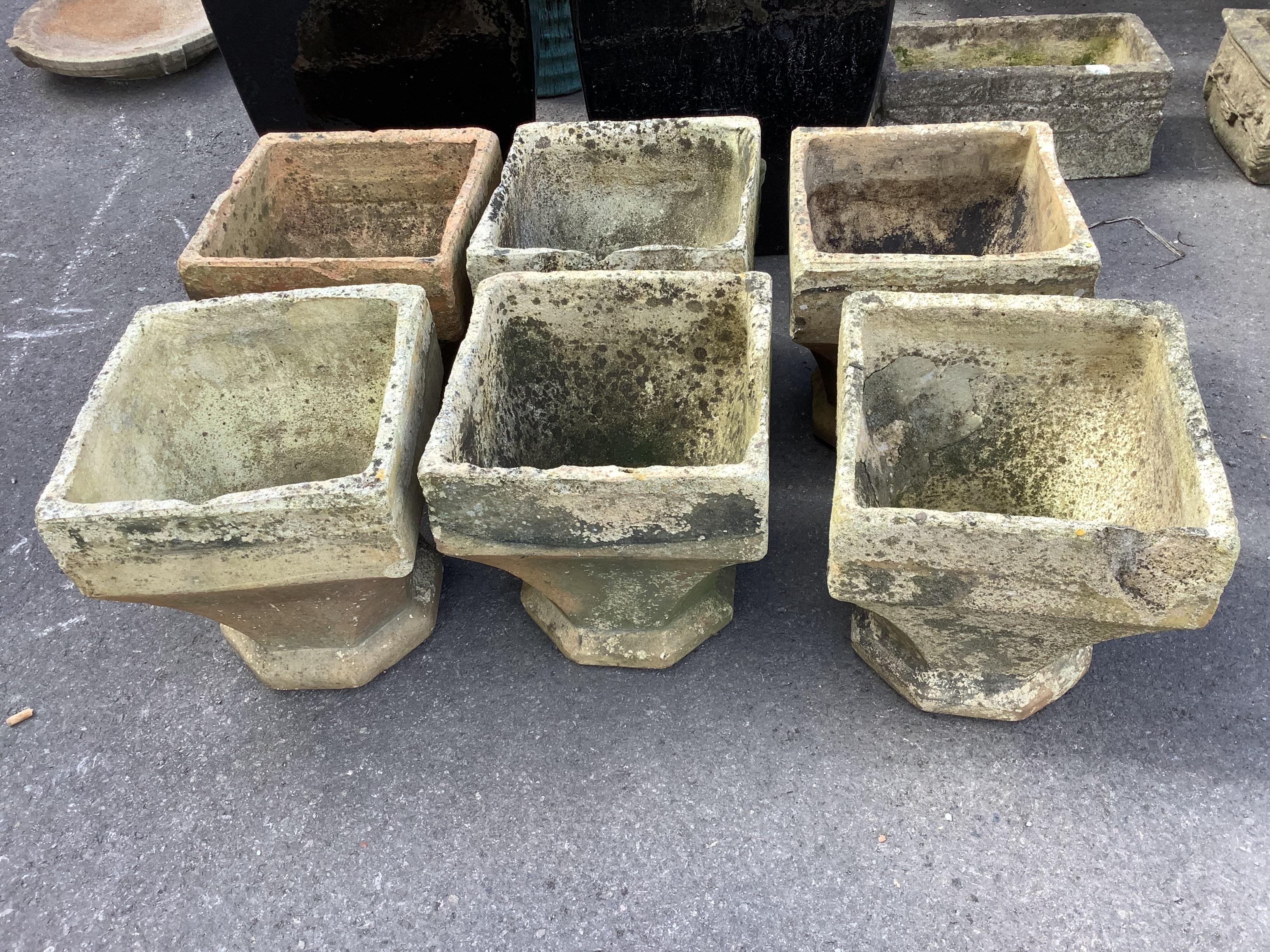 A set of six earthenware chimney cowl garden planters, width 32cm, height 35cm